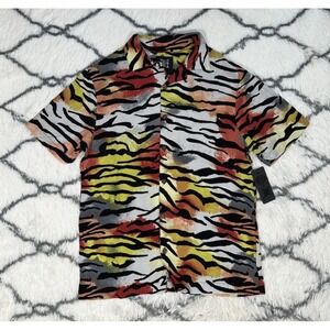 ED HARDY Tiger Printed Button Up Multicolor Camp Shirt Men's Size S *NEW* $85